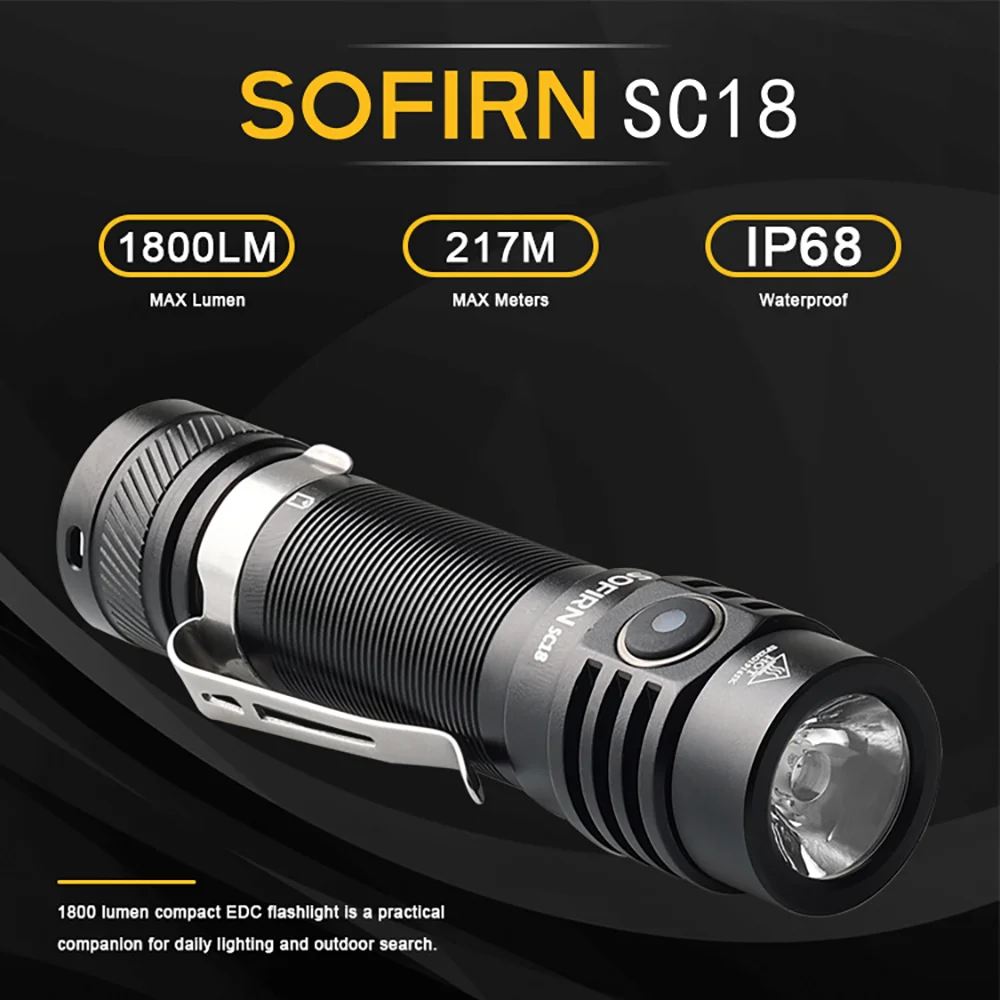 Linterna LED SOFIRN SC18 de 1800lm con SST40, Lente Óptica TIR, Linterna EDC Recargable por USB C