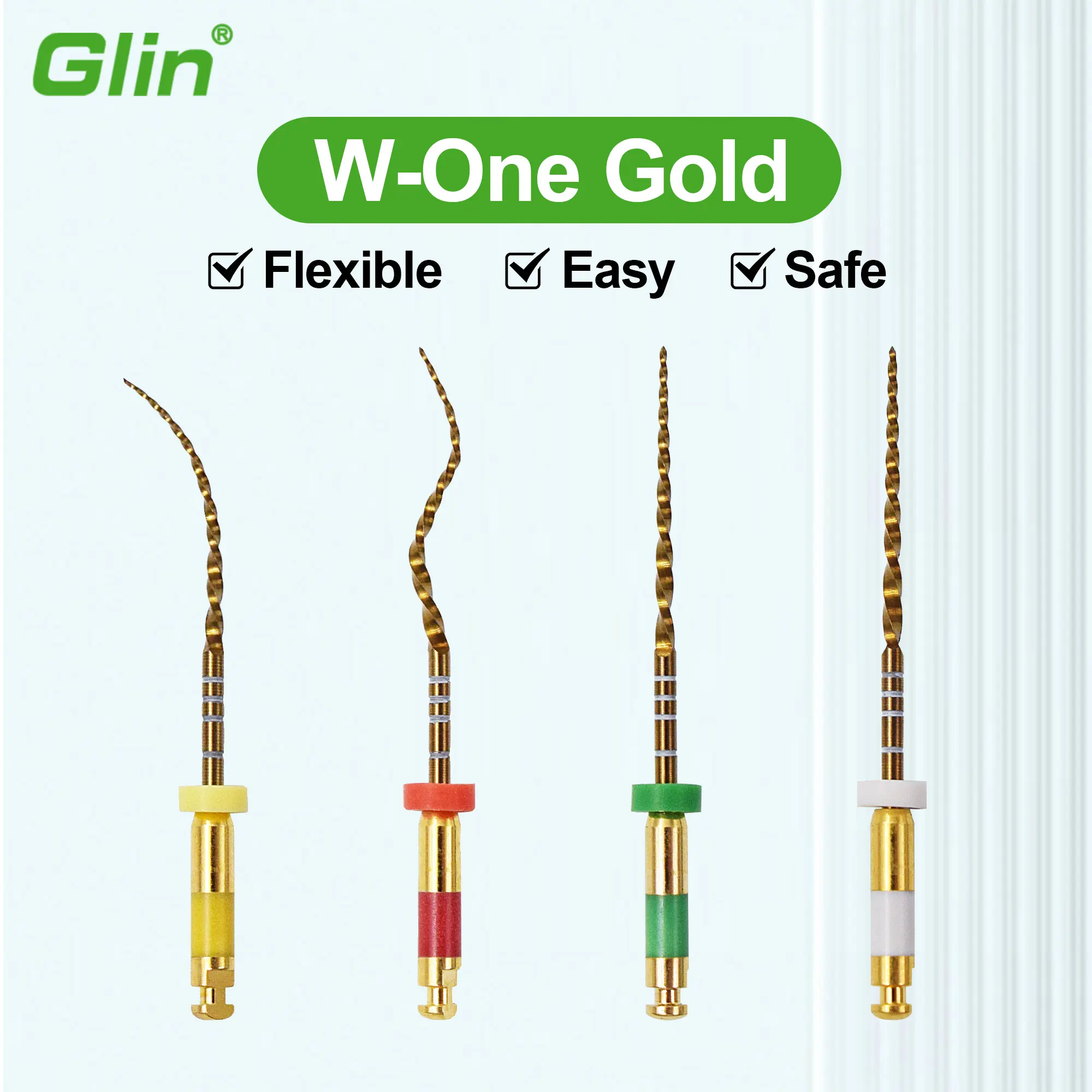 Glin W One Gold - Limas para Conductos Radiculares, 4 Piezas/Caja, Limas Dentales Flexibles Activadas por Calor, Limas Endodónticas Rotatorias de Niti de 21/25 mm