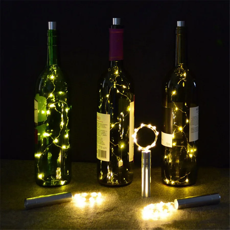 10 Uds. 20LED botella de vino plateada luz de corcho AA con pilas guirnalda de luces de hadas botella de corcho luz para decoración de fiesta de Navidad DIY
