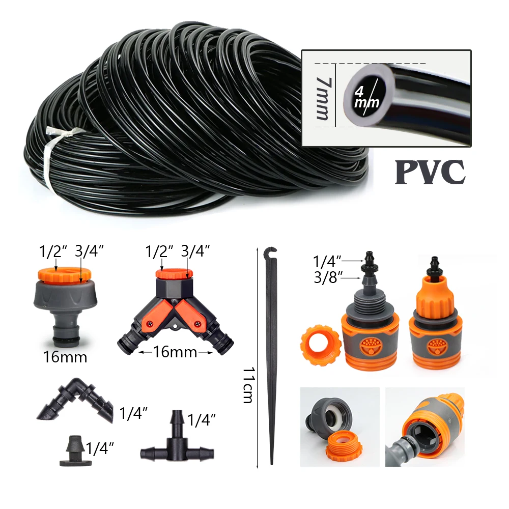 Kit de riego por goteo con temporizador y Sensor de lluvia inteligente para jardín de 5-50M para plantas al aire libre, sistema de riego automático con gotero ajustable de 1/4"