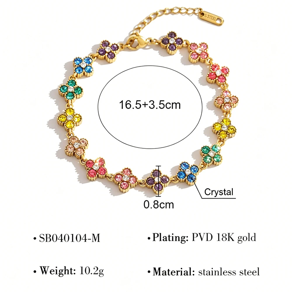 Pulsera de Acero Inoxidable con Cubierta de Flores de Circonia Cúbica de Colores, Ajustable, con Trébol de Cuatro Hojas y Flores de Circonia, Joyería para Mujer