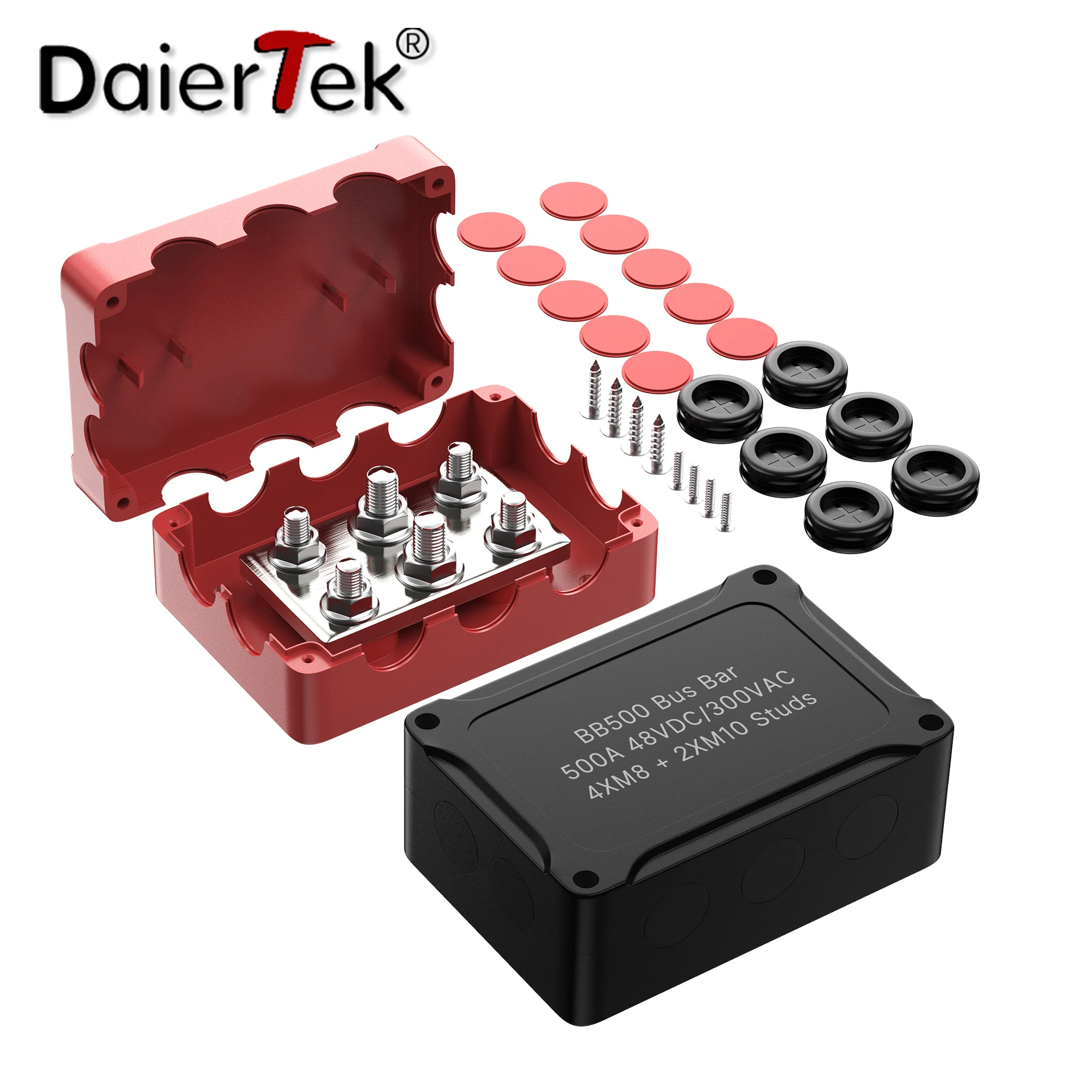 DaierTek 500A barra colectora marina 48V bloque de distribución de energía automotriz gran corriente 6 pernos con cubierta de plástico rojo negro para coche