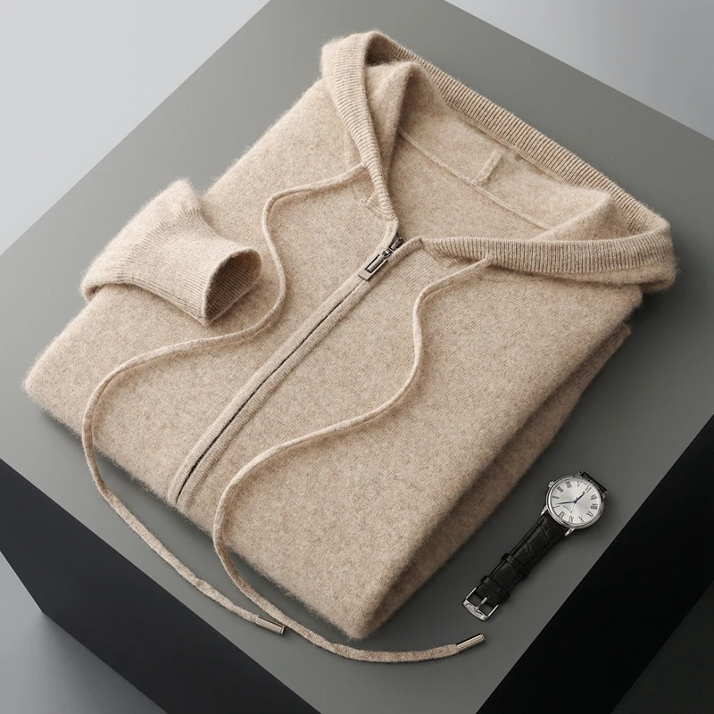 2025 nuevos hombres de punto avión con capucha cárdigan suéter de cachemira diseño de cremallera decoración de bolsillo de alta calidad gruesa sudadera con capucha cálida