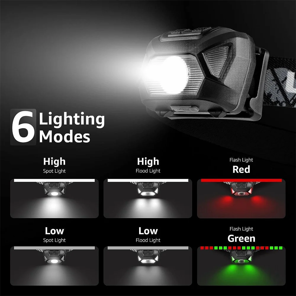 Linterna frontal recargable por Usb, 6 modos, resistente al agua IPX4, linternas LED para cabeza con luz roja y verde para pesca al aire libre