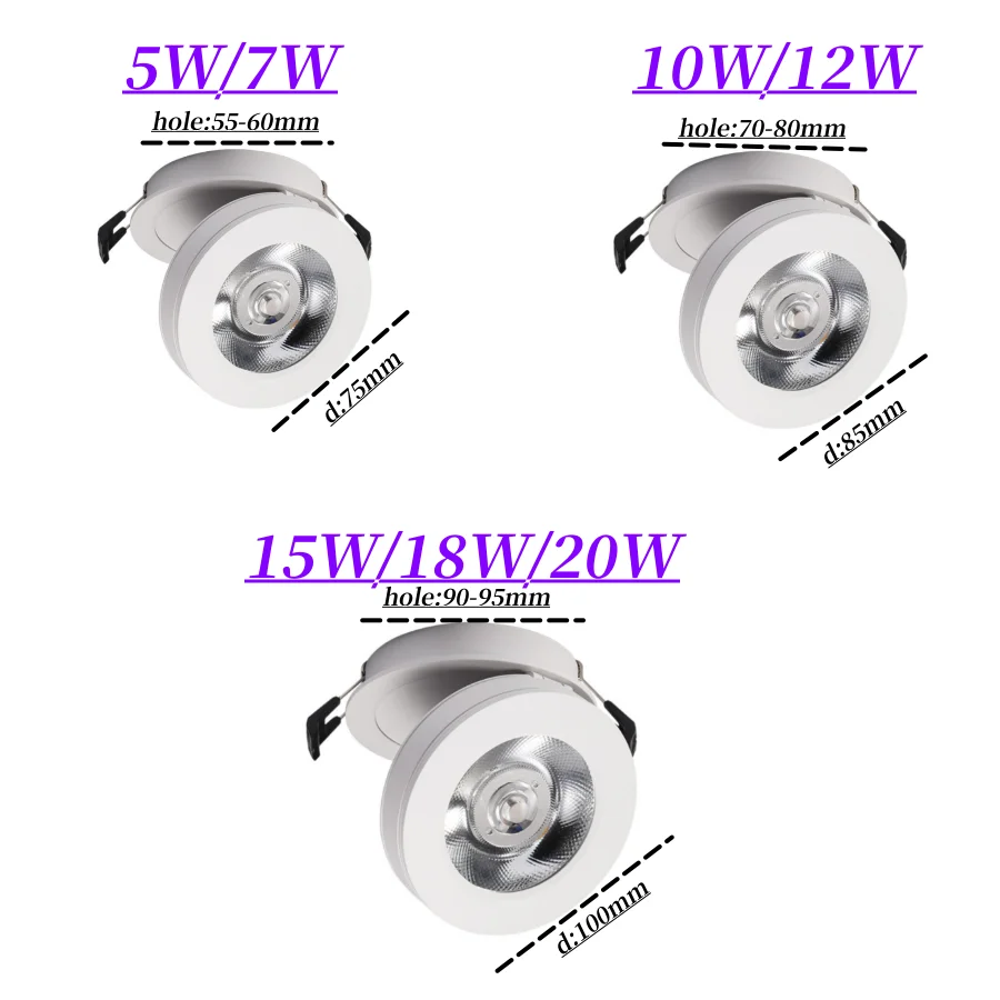 Foco empotrable LED plegable 90 °   Gira hacia arriba y hacia abajo aproximadamente 350 grados. °   Lámpara de Fondo COB de 5W 10W 18W 85-265V Iluminación Interior