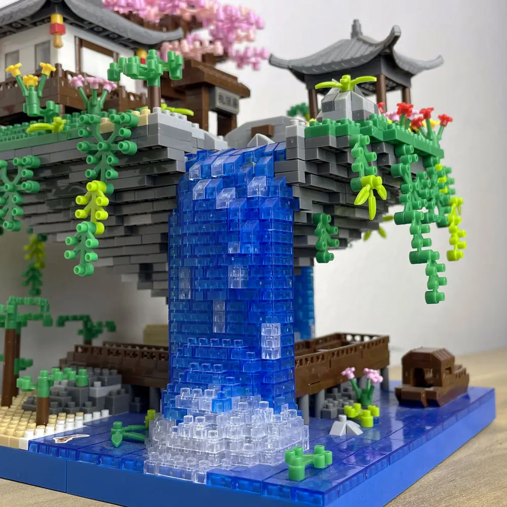 Taohuatan-Juego de bloques de construcción de Micro ladrillos con temática de lago, juguetes creativos para adultos, ladrillos de modelo de paisaje chino único con luz LED