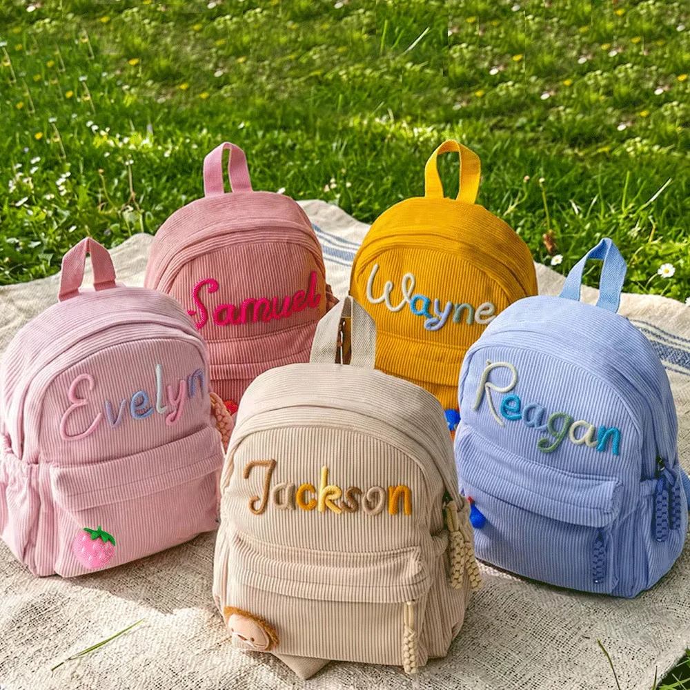 Mochila pequeña de pana personalizada de alta calidad – Mochila escolar personalizable con estampado de nombre; Bonita y práctica