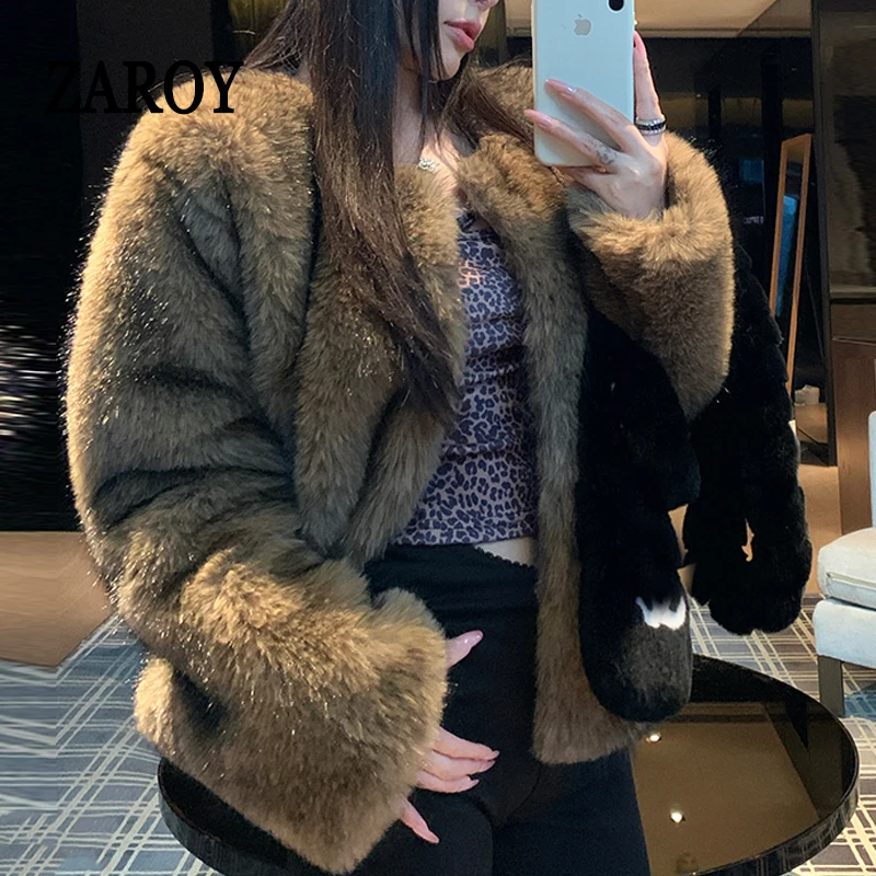 ZAROY Abrigo de piel sintética para mujer, ideal para el invierno, de lujo y elegante, con cuello redondo, tipo cárdigan, chaqueta de piel, abrigo de piel suave y cálido, perfecto para fiestas y banquetes.