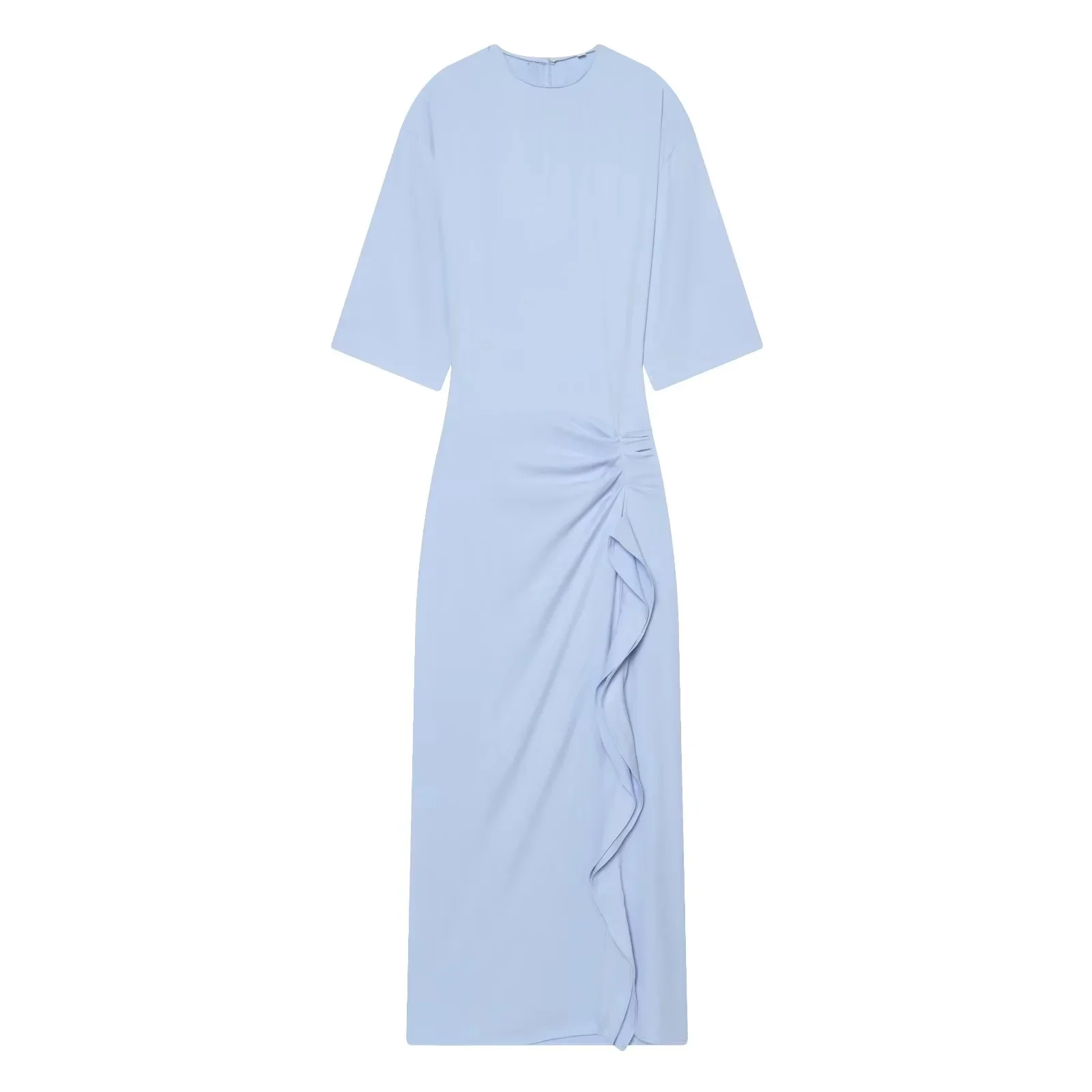 Vestido Midi BSAY 2026 para Mujer, Color Sólido, Cuello Redondo, Manga Media, Corte Ajustado, Volantes Laterales, Abertura Lateral, Elegante, Formal, para el Trabajo