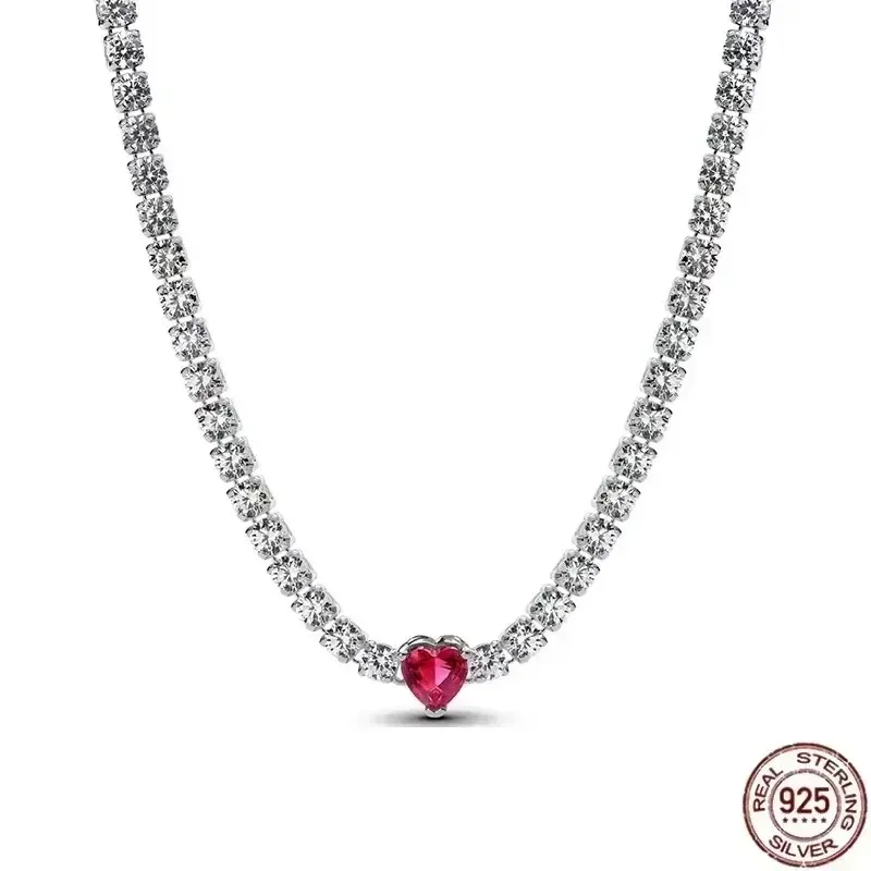 Nuevo collar de plata de ley 925 con colgante cuadrado brillante rosa y blanco en forma de corazón de melocotón