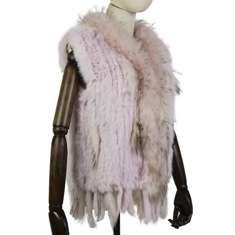 Chaleco de piel de conejo natural para mujer Harppihop con cuello de piel de mapache, chaleco/chaqueta de piel de conejo rex tejida para invierno.