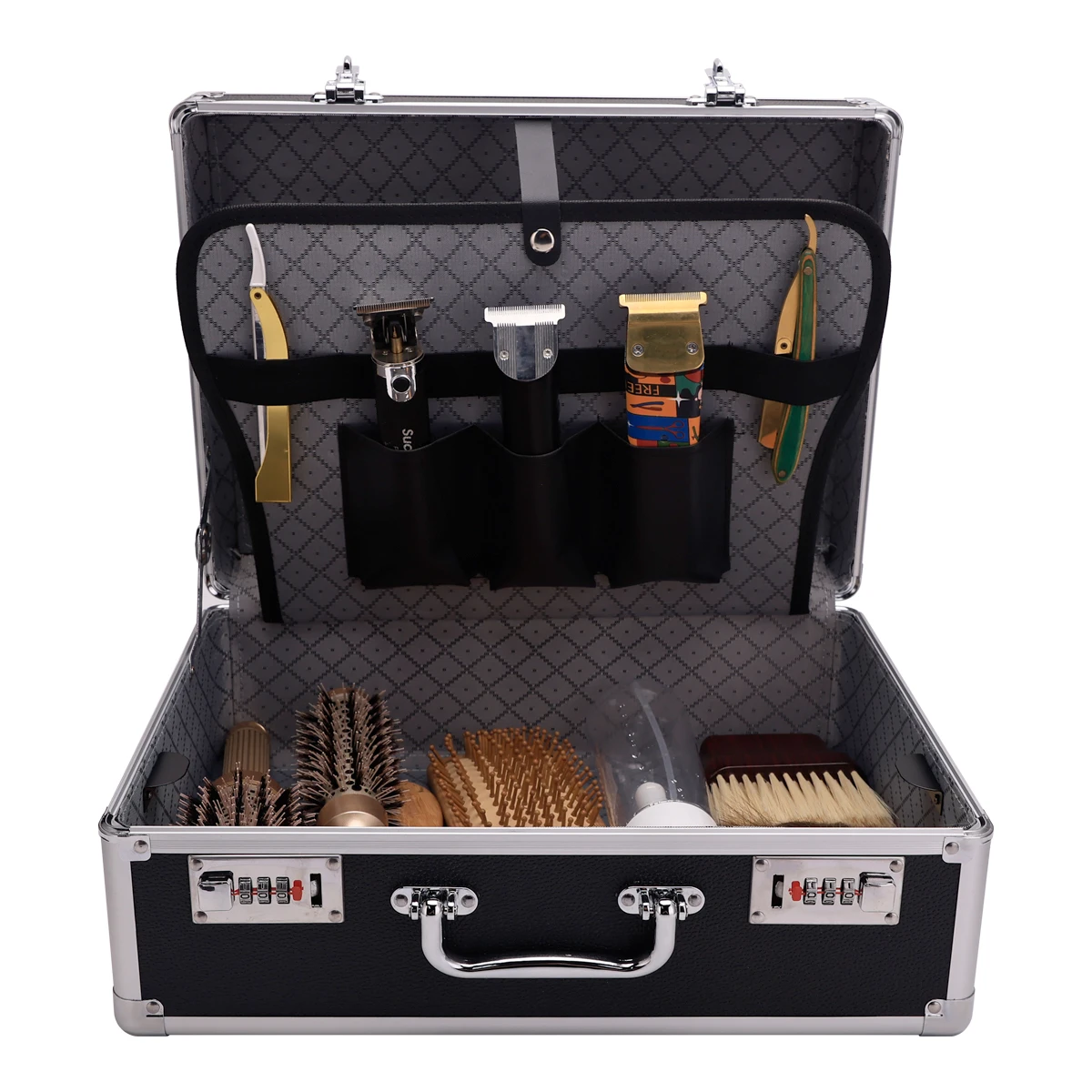 Caja de almacenamiento de herramientas de aluminio plateada, Maleta portátil con bloqueo de contraseña, caja de transporte de salón de peluquería profesional de gran capacidad