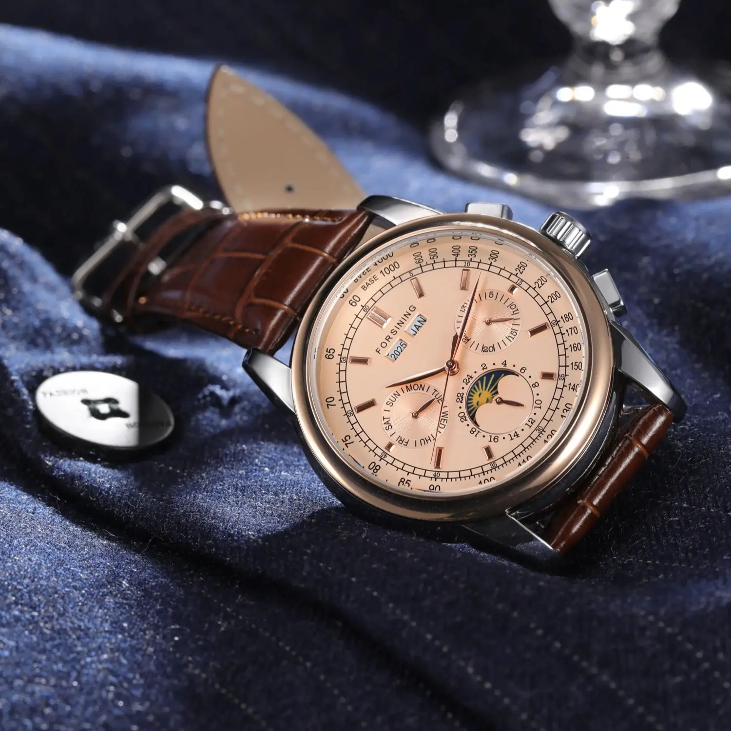 Forsining relojes mecánicos Retro fase lunar movimiento Shanghai caja de oro rosa correa de cuero marrón reloj automático de lujo para hombre