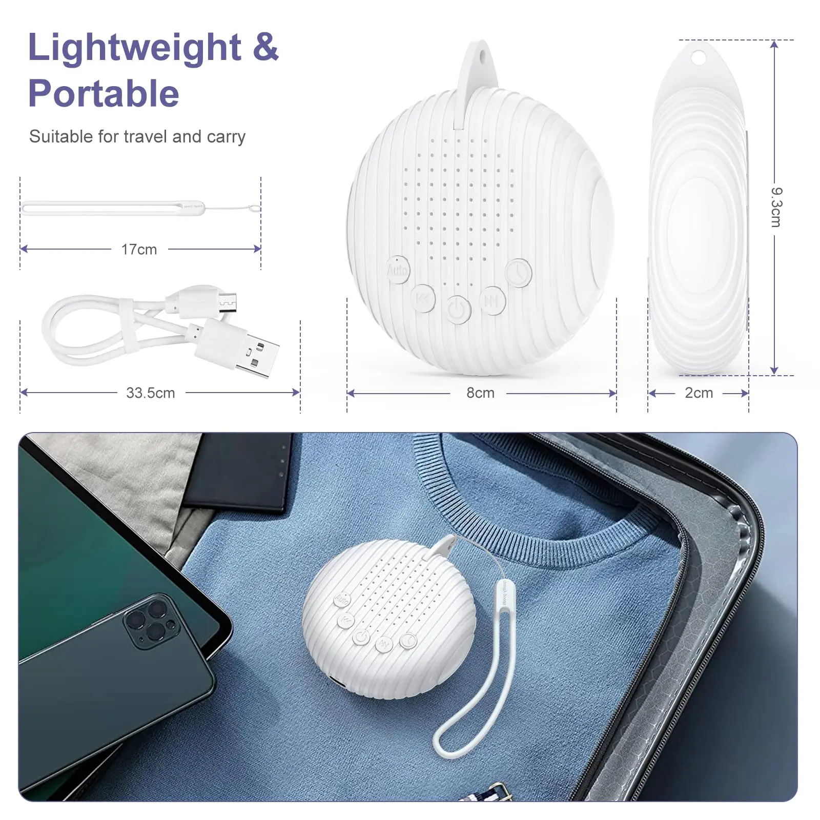 Máquina de ruido blanco, 10/12 sonidos, máquina portátil recargable por USB para dormir, para bebés, adultos y ancianos, temporizador, volumen para dormir y relajación