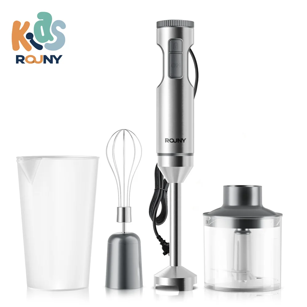 Potente licuadora de inmersión, mezclador de alimentos para bebés con varilla de acero inoxidable 4 en 1, vaso mezclador de 700 ml, procesador de 500 ml, batidor, MAX 1200 W