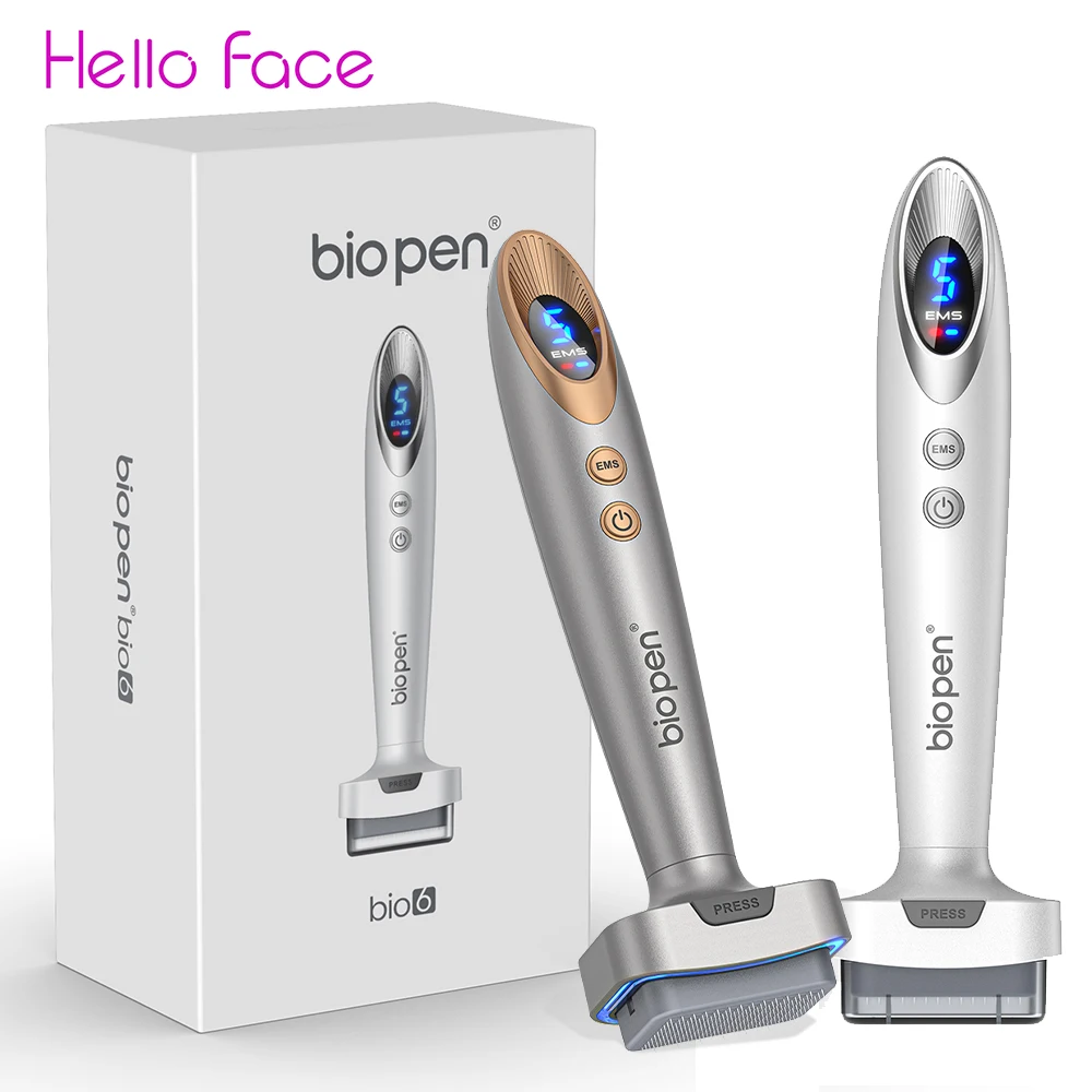 Hello Face Bio Pen: 250mAh, pantalla digital, 2 cabezales rodillos, luz LED roja/azul, 5 niveles EMS, sello de microagujas - Bio6 Negro Oro/Plata