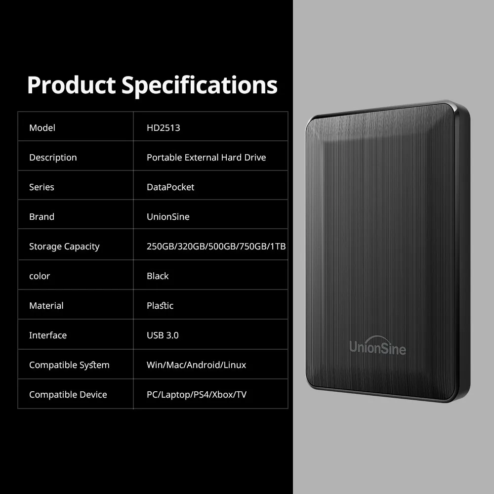 UnionSine HDD 2,5 "disco duro externo portátil 250gb/320gb/500gb/1tb/2tb USB3.0 almacenamiento Compatible con PC Mac escritorio MacBook