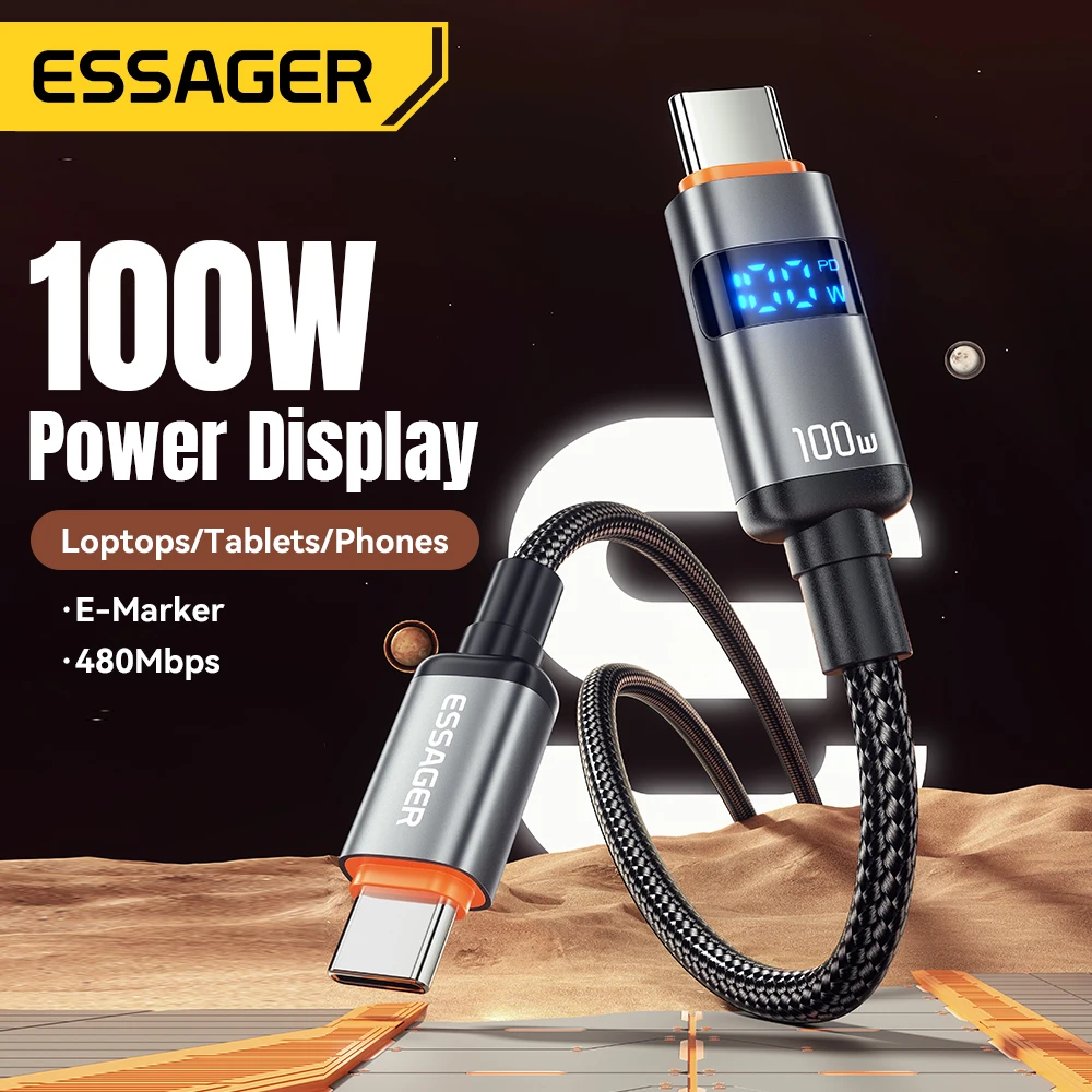 Cable Essager de 100W USB C a Tipo C con Pantalla Digital, Carga Rápida de 5A, Cable Tipo C a Tipo C para MacBook Pro, Xiaomi, Huawei, Samsung