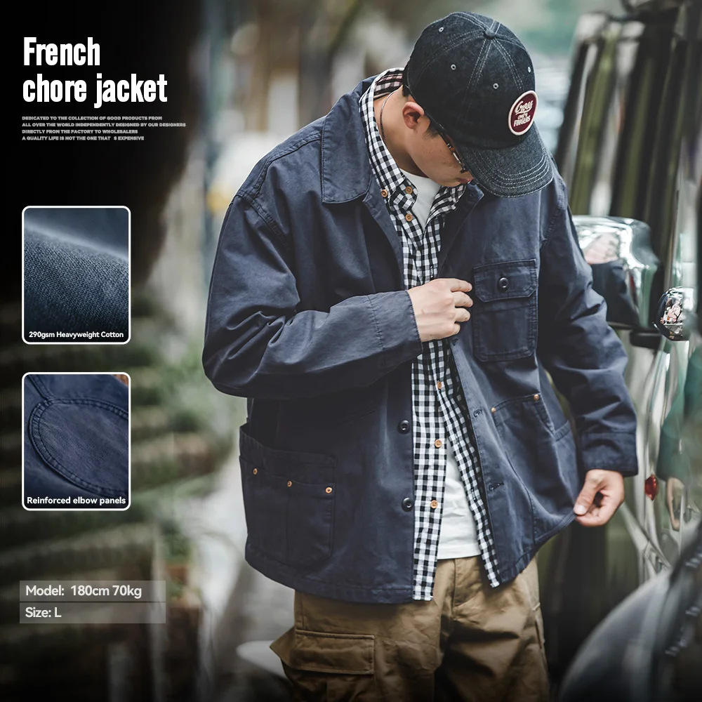 Maden Chaqueta francesa retro con múltiples bolsillos y solapa, en azul marino y tejido grueso. Ideal para hombres en primavera y otoño, brinda comodidad y estilo en climas frescos