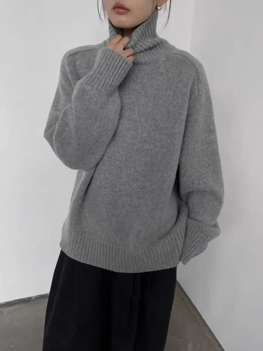 Suéter de lana de cuello alto para mujer, jersey de Cachemira holgado informal de manga larga, Top básico de moda de punto, jersey de calidad cálida de gran tamaño