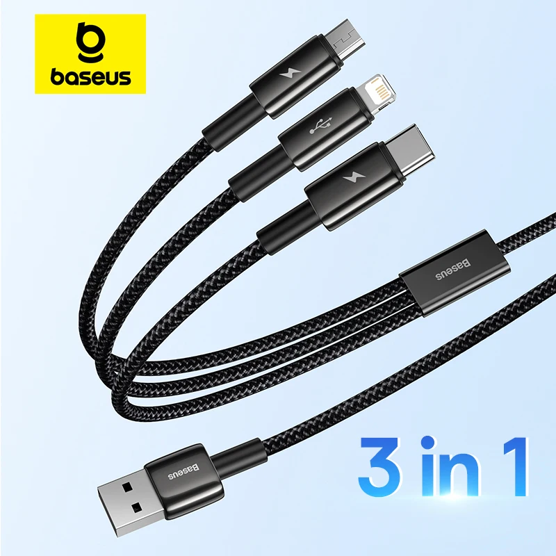 Cable USB 3 en 1 Baseus para iPhone 14 Pro Max, Cable USB Micro Tipo C para Xiaomi Redmi Note 9, Samsung S23, Cable de Carga Rápida