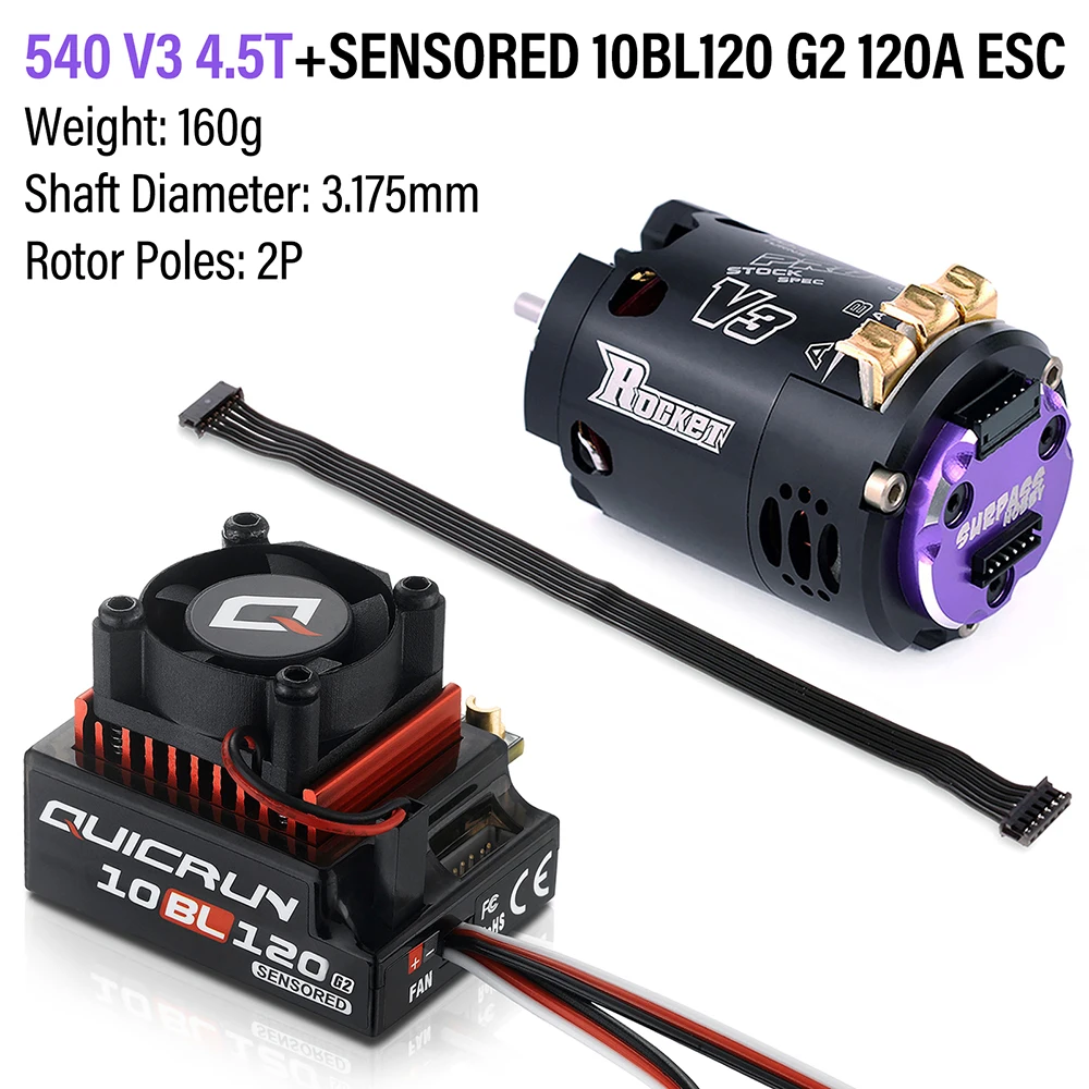 Combo Hobbywing QUICRUN 10BL120 120A ESC con Motor Rocket 540 V3 4.5T Sensorizado Sin Escobillas para Competición 1/10 1/12 F1 RC