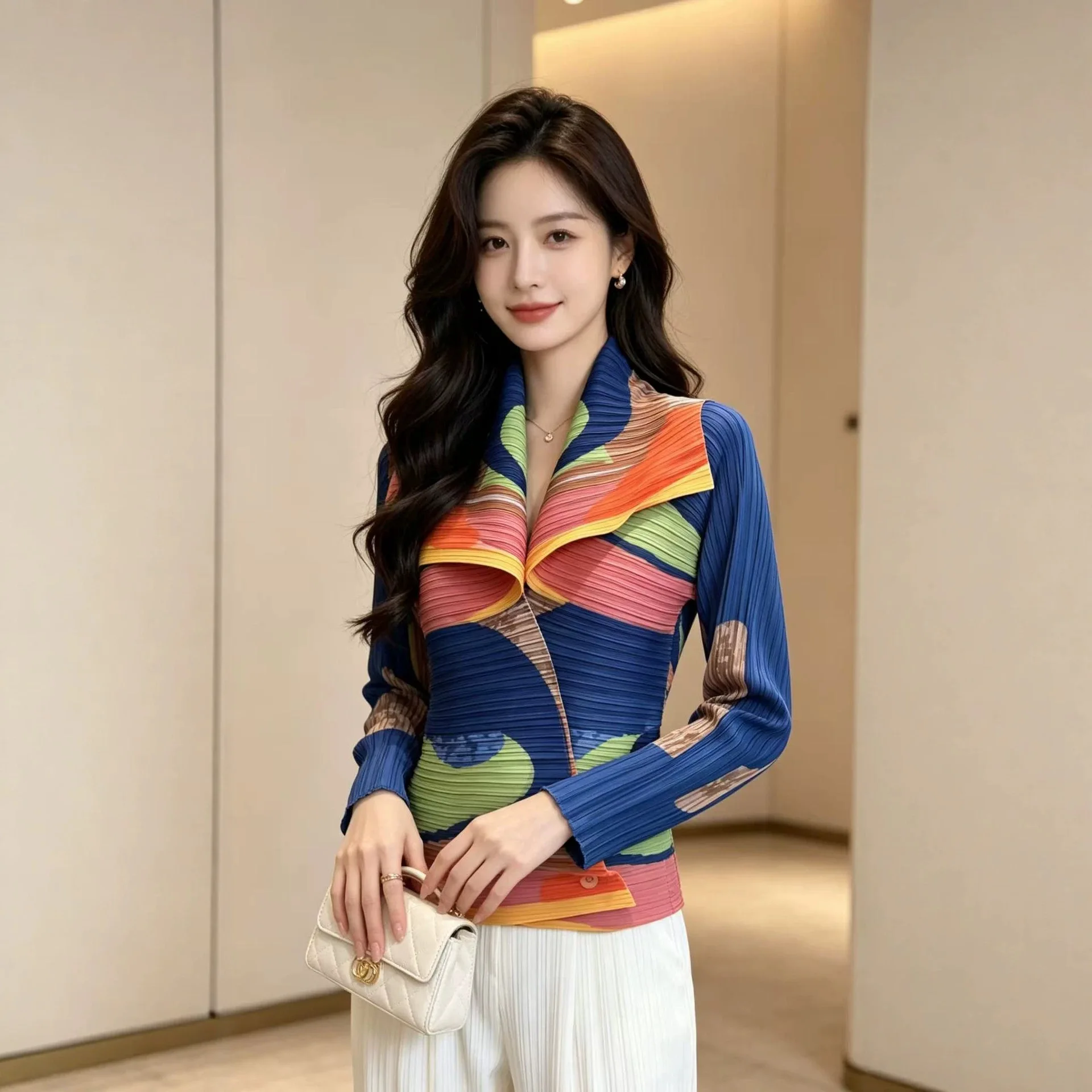 Camisa Plisada con Estampado de Dibujos Animados Miyake para Mujer, Cuello Solapa, Manga Larga, Cierre de Botón, Top de Moda, Cárdigan, Nueva Colección 2026