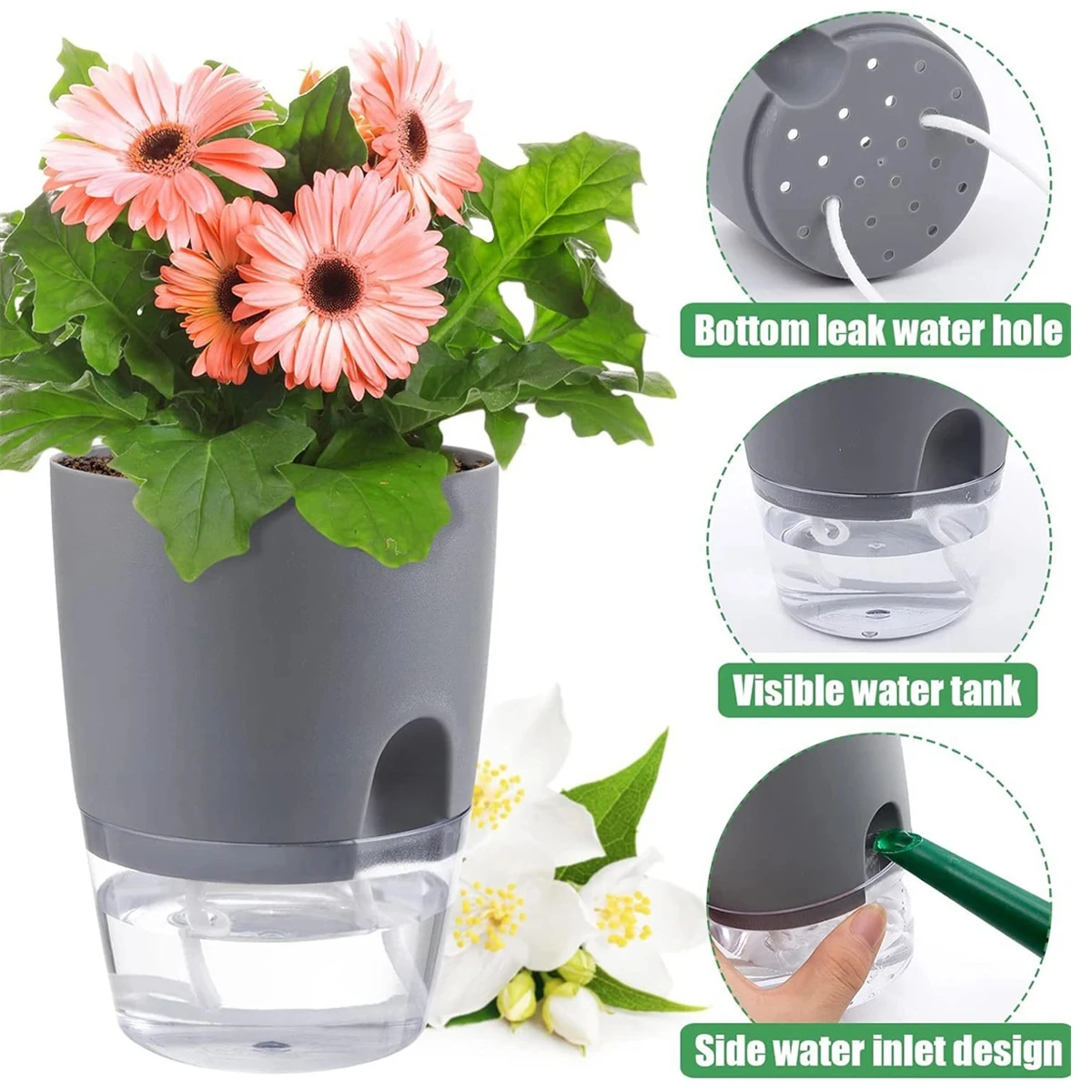 Maceta de cultivo sin suelo de 2 capas, cuerda de algodón, autorriego, lavabo de plantas hidropónicas, riego automático, maceta perezosa, 1 ud.