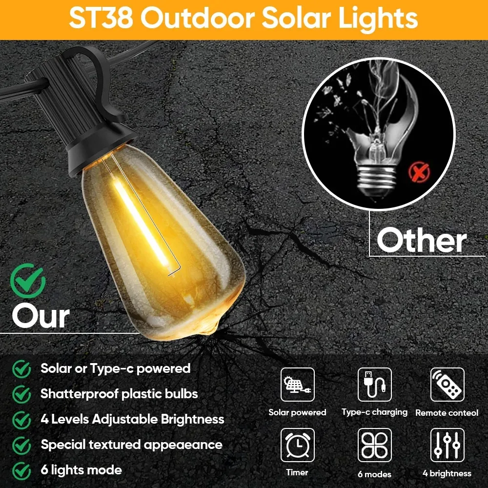 Guirnaldas de luces alimentadas por energía Solar LED ST38 para exteriores, USB y carga Dual Solar, luces de cadena para porche, jardín, Camping