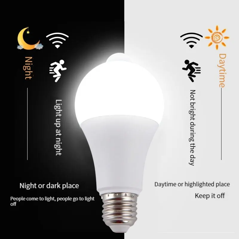 Bombilla LED con Sensor de movimiento PIR E27, inducción infrarroja humana inteligente, luz blanca cálida, interruptor automático