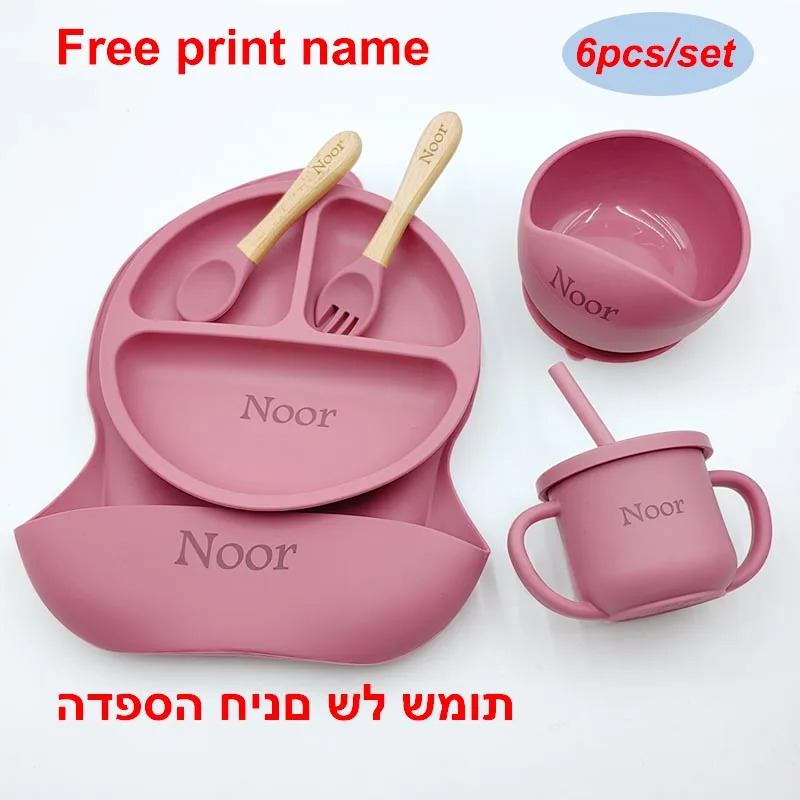 Vajilla de silicona para niños, juegos de alimentación de bebé, cuenco con ventosa, plato de comedor, cuchara, tenedor, babero, taza, nombre personalizado, regalo para niños, 6 uds.