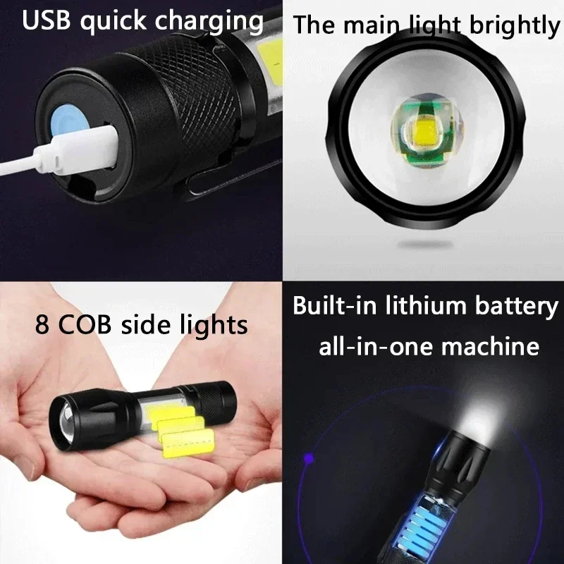 Minilinterna LED portátil, luz COB con Zoom telescópico, recargable por USB, táctica, para acampar, senderismo, linterna de emergencia, 1-6 uds.