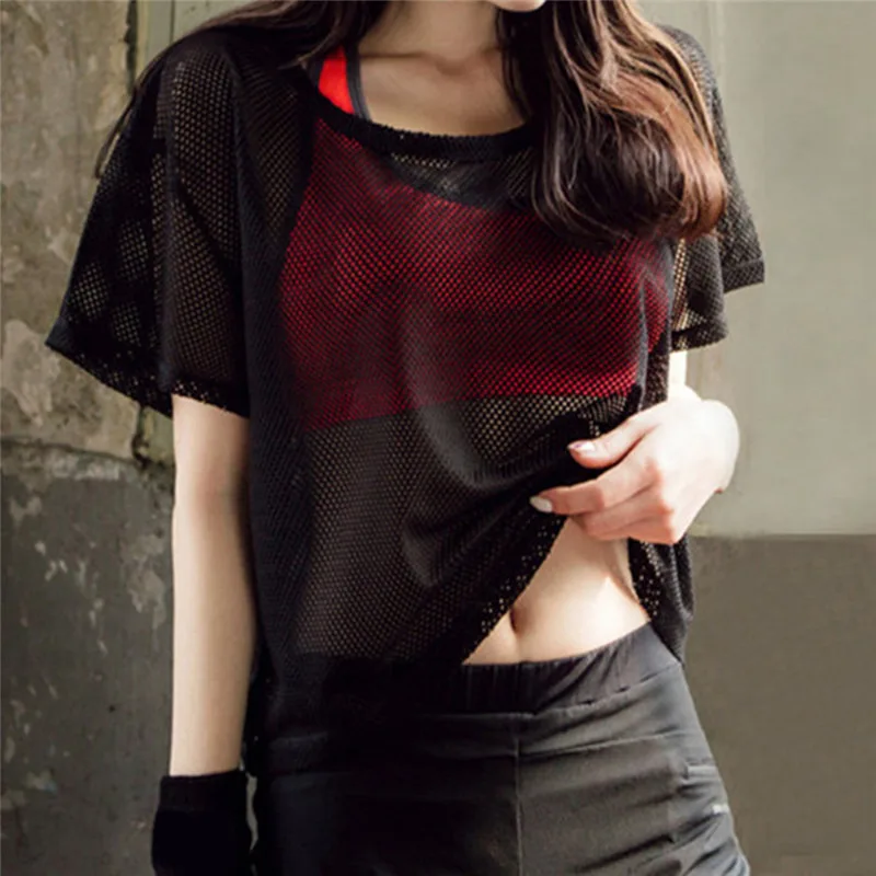 Camiseta de yoga de malla para mujer, sexy, de manga corta, top deportivo, blusa, prenda de secado rápido para gimnasio, ropa deportiva para correr y fitness