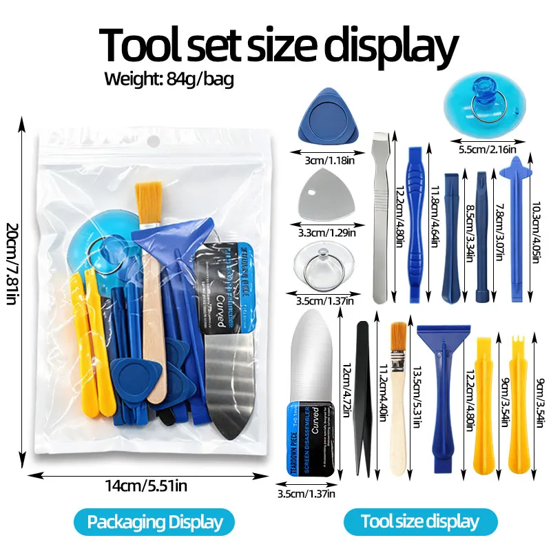 Kit de 21 Herramientas para Reparación de Pantallas Curvas de Teléfonos Móviles y Tablets, Palanca de Desmontaje, Herramienta de Apertura, Ventosa, Cepillo de Limpieza