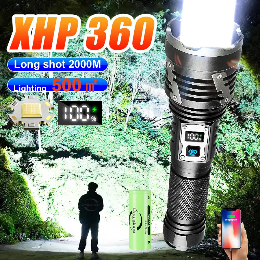 Linterna LED más potente XHP360, lámpara recargable por USB 26650, linterna Ultra potente, linterna táctica, antorcha de Camping