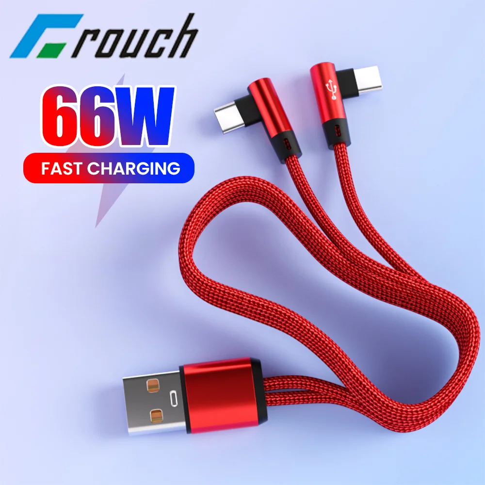 Cable USB 2 en 1 a codo tipo C, Cable USB C de 90 grados, Cable de teléfono Micro USB de datos de carga rápida de 66W para juegos iphone y Android