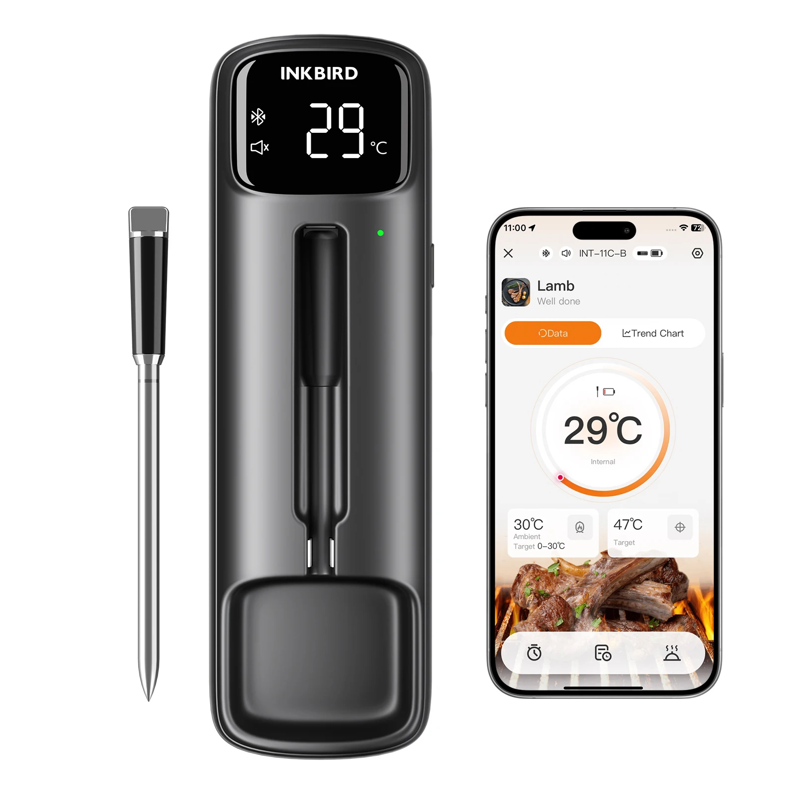 Termómetro Inalámbrico para Carne con Doble Sensor Bluetooth INKBIRD, Alcance de 328 pies, Batería de 25 Horas, Resistente al Agua IP67, Pantalla LED para Barbacoa y Ahumador