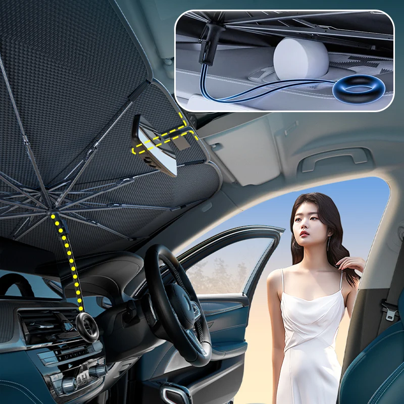 Parasol Delantero para Coche con Anillo de Sujeción, Sombrilla para Parabrisas, Visera de Protección Solar de Verano, Cubiertas para el Interior del Coche, Suministros de Refrigeración