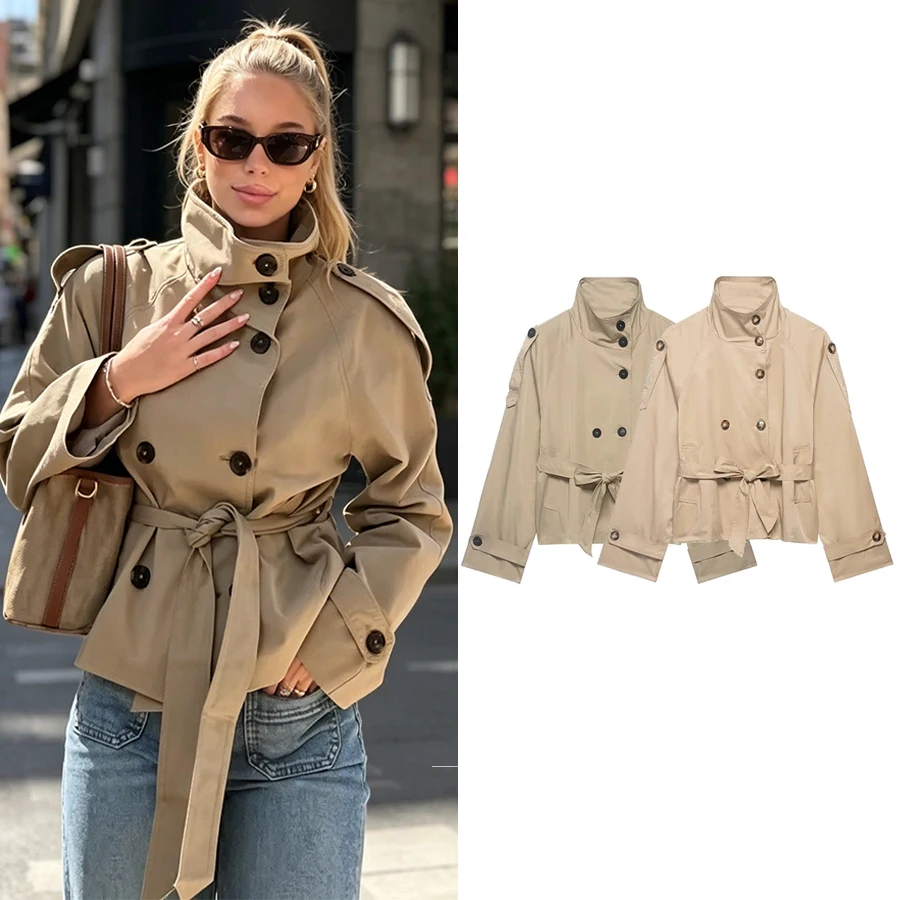 Abrigos cortos tipo trench para mujer, conjunto de otoño para mujer, abrigos de doble botonadura con cuello alto, chaquetas vintage informales para dama