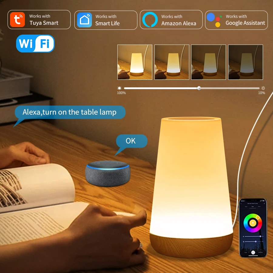 Tuya-lámpara de mesa inteligente con WiFi, lámpara de escritorio con Control por voz, RGB, táctil, luz nocturna para dormitorio, funciona con Alexa y Google Home