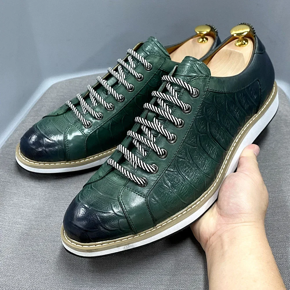 Zapatos informales clásicos para hombre, zapatillas de deporte de moda con cordones de cuero genuino, zapatos planos de viaje callejero con estampado de cocodrilo de marca de lujo para hombre