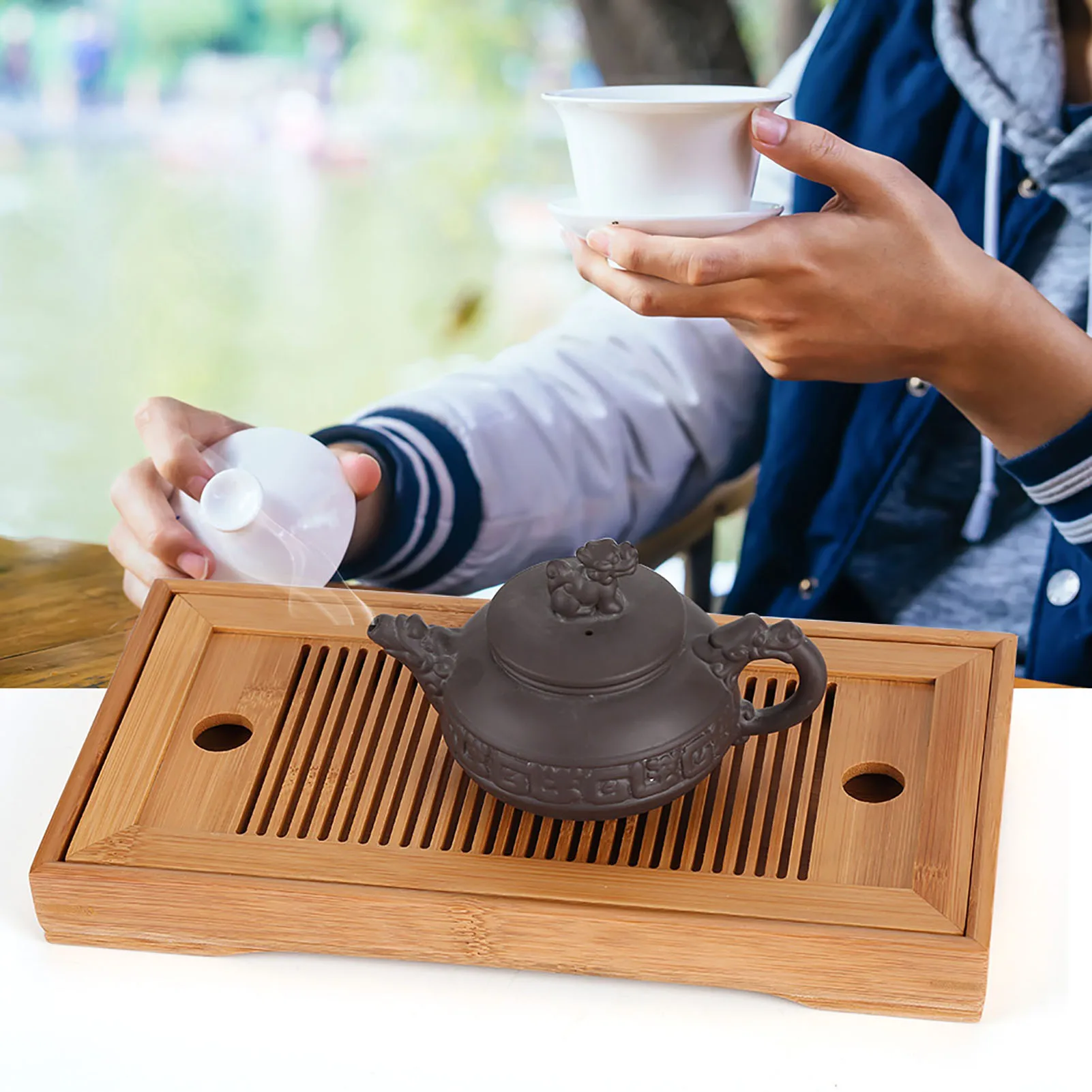 Bandeja de bambú para mesa de té, bandeja china de alta calidad de 25x14x3cm, tabla de té para el hogar, drenaje de agua, accesorios para mesa de servicio de té