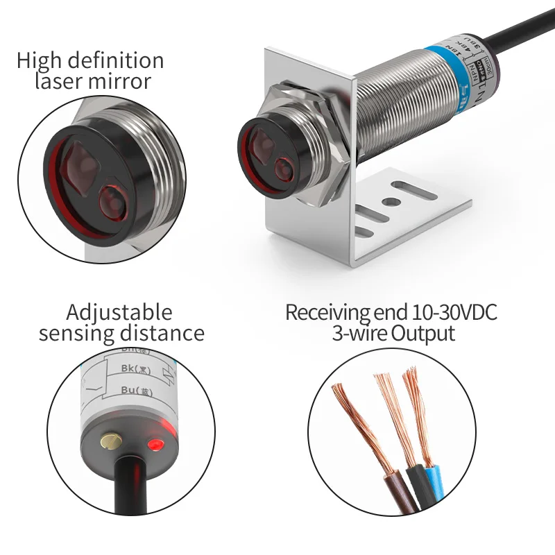 Sensor fotoeléctrico láser GTRIC Retrorreflectante serie M18 10-30V NPN PNP punto Visible 2mm distancia de detección 8M ajustable