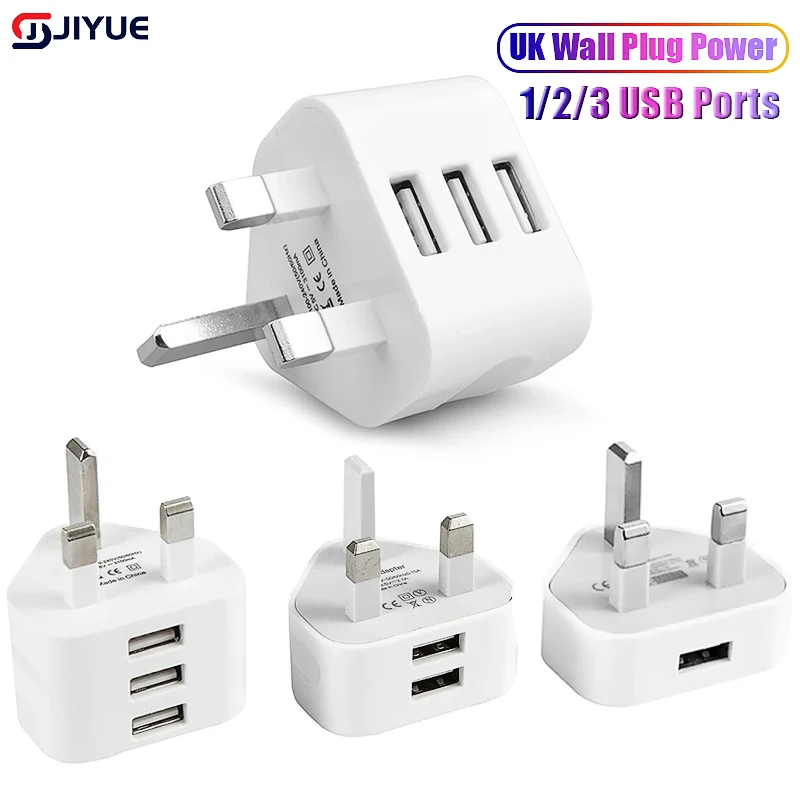 Adaptador de cargador de pared de 3 pines con enchufe británico con 1/2/3 puertos USB, convertidor de adaptadores de viaje para cargador de carga IOS, Samsung y Huawei