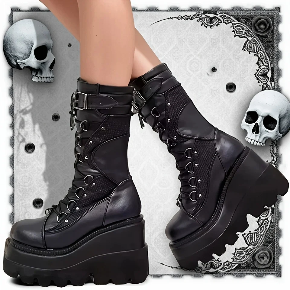 Botas de plataforma góticas para mujer, nuevas, con diseño moderno, adornadas con remaches y hebillas, estilo punk, con cuña y tacón alto, ideales para fiestas, para usar en la calle o para disfraces.