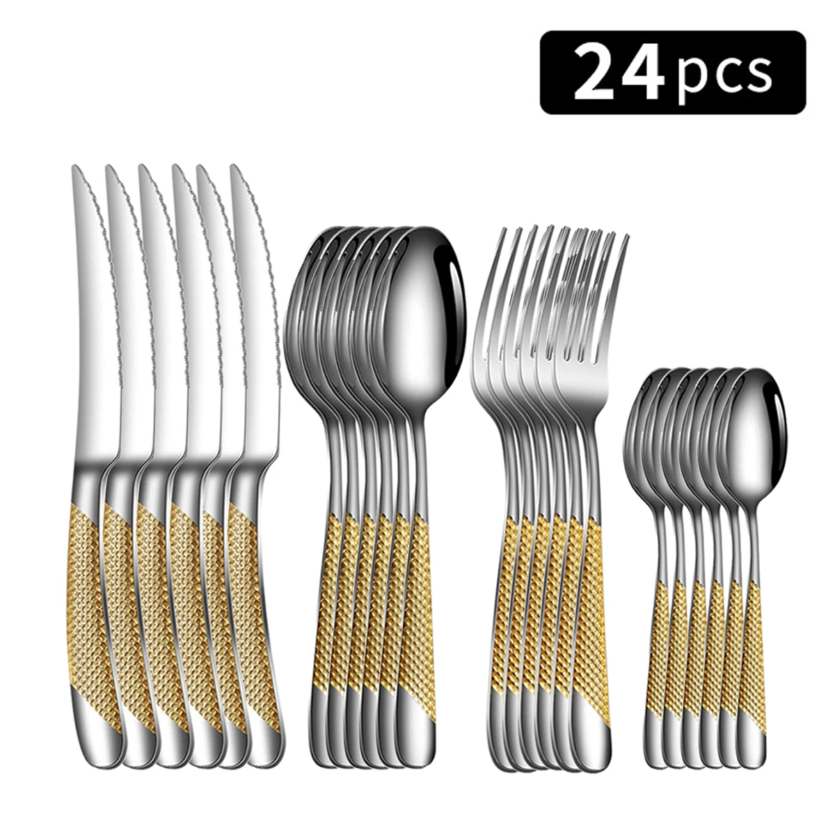 Juego de 24 piezas de cubiertos de acero inoxidable: cuchillo y tenedor para bistec, tenedor y cuchara para postre, para la familia.