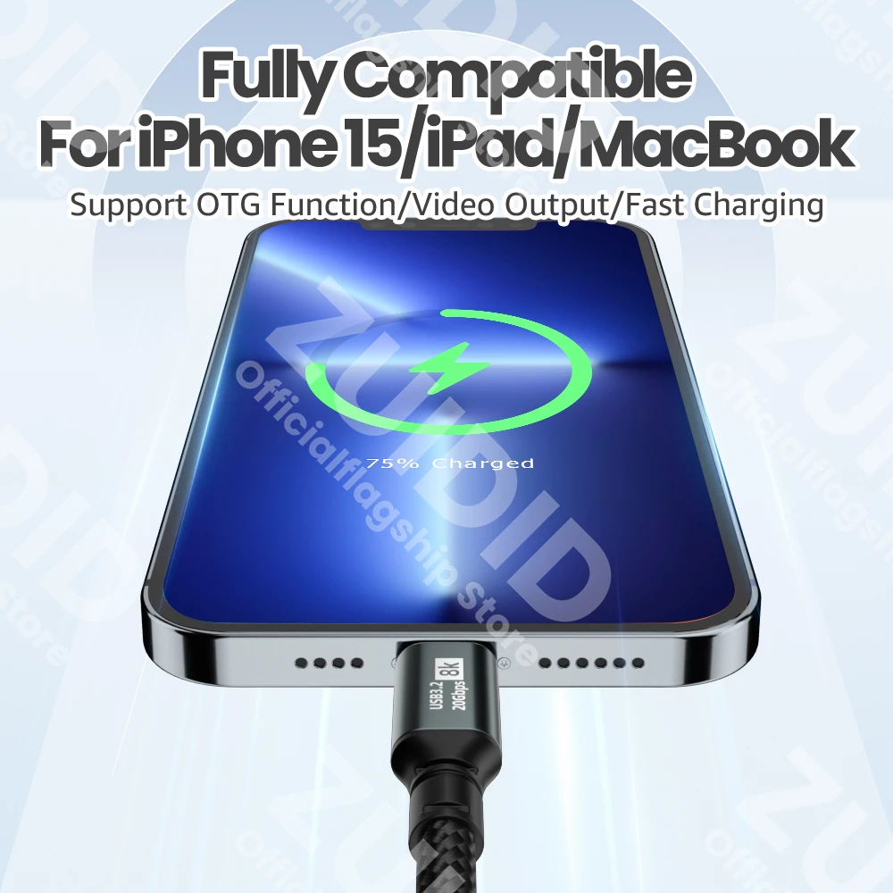 PD100W USB 3,2 20Gbps ThunderBolt 3 tipo C a tipo C Cable 8K @ 60Hz Cable de USB-C para iPhone 15 Pro Max MacBook Samsung 2/3m