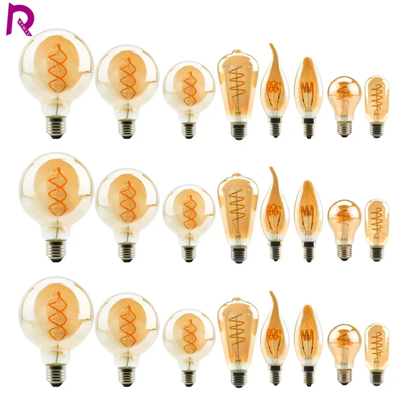 Bombilla LED de Filamento Espiral Retro A60 C35 ST64 T45 G80 G95 G125 T1225 4W E27 220V Regulable, Lámpara Edison 2200K Luz LED Amarilla Cálida