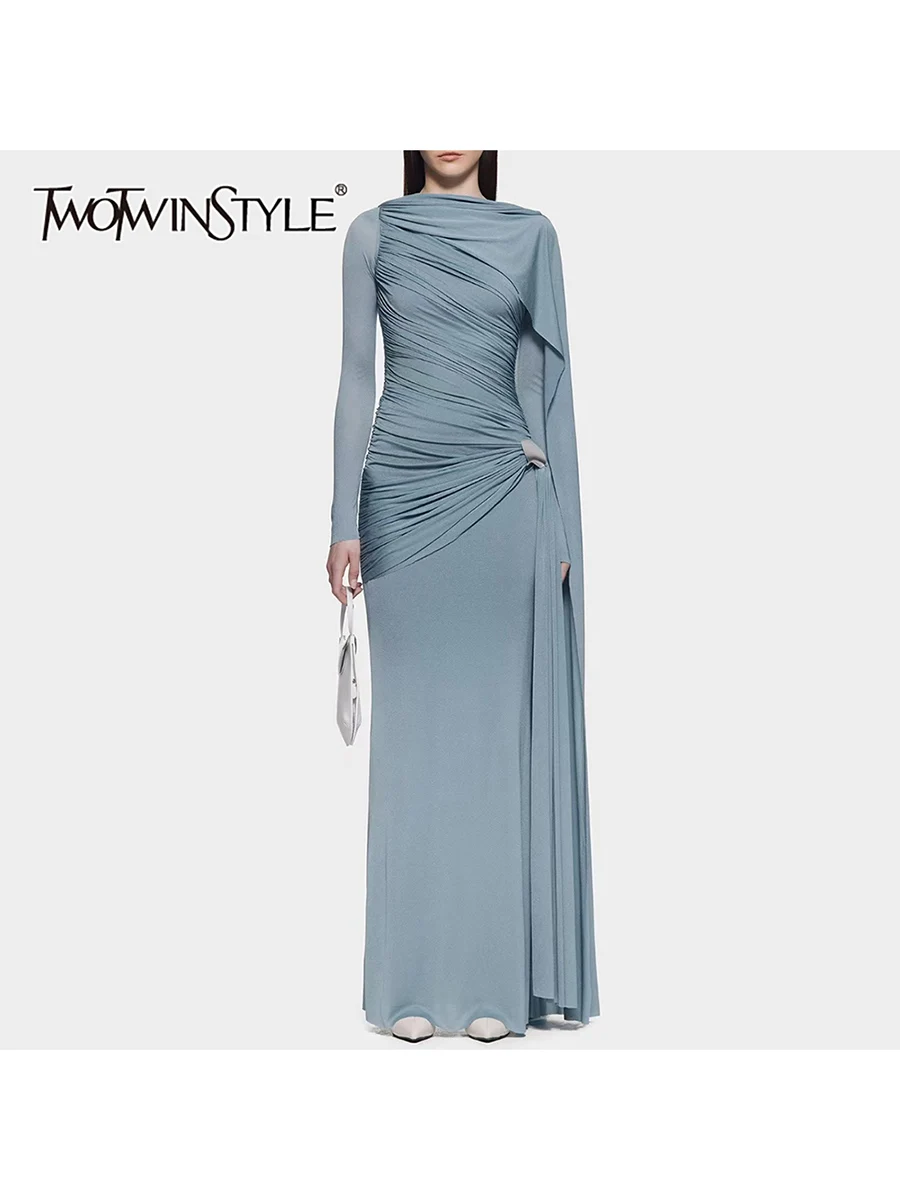 TWOTWINSTYLE, vestidos adelgazantes con pliegues empalmados para mujer, cuello redondo, manga larga, vestido con cinta de retales, ropa femenina