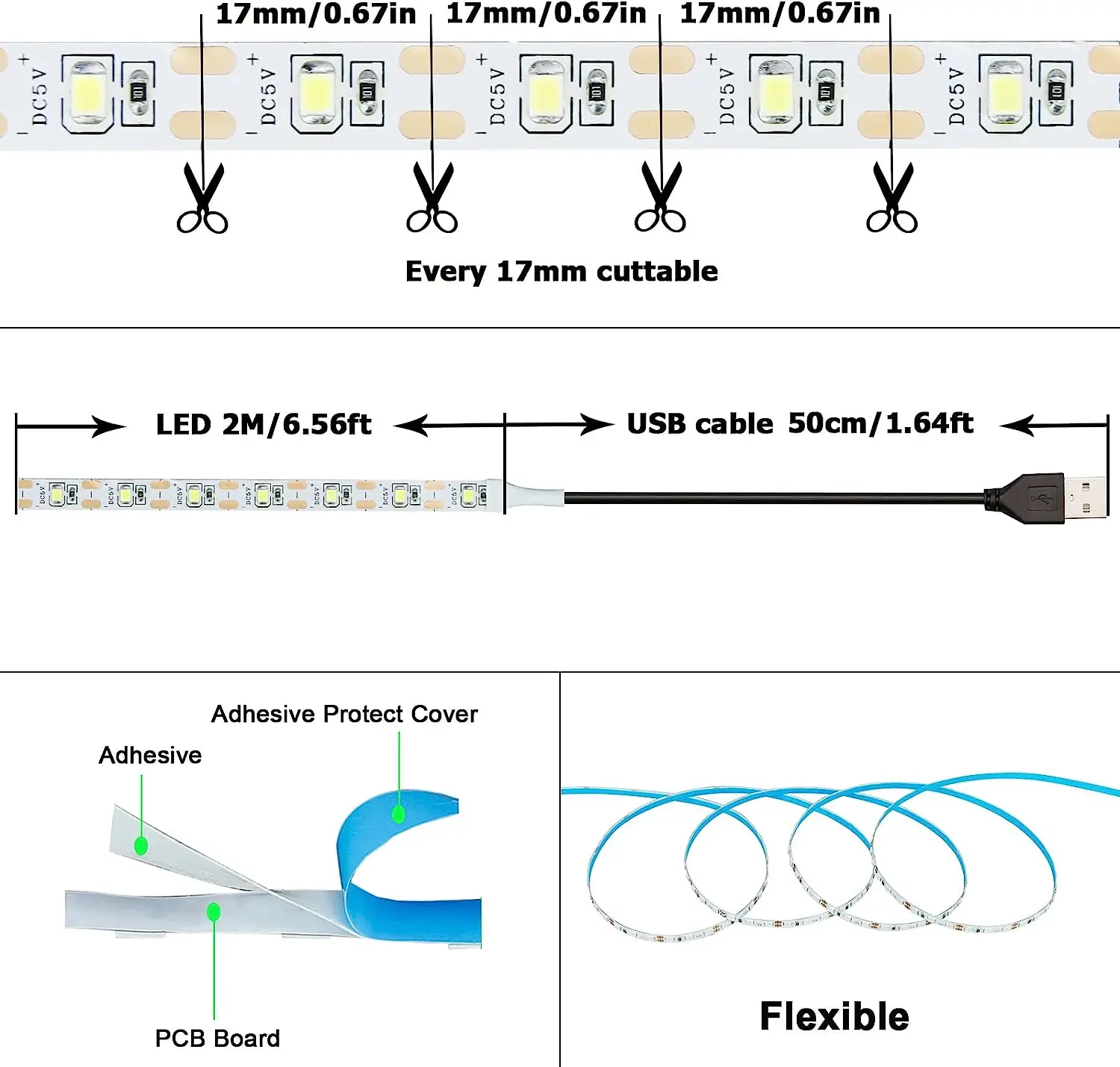 Tiras LED USB de 5V CC 2835, tira de luces LED blancas cálidas, cinta de iluminación de fondo de TV, lámpara de decoración para el hogar, cadena de luces LED de 1 a 5m